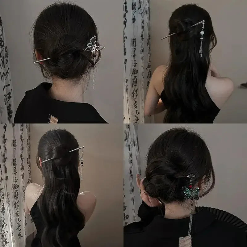 Style Butterfly Flower Tassel Hair Stick for Women