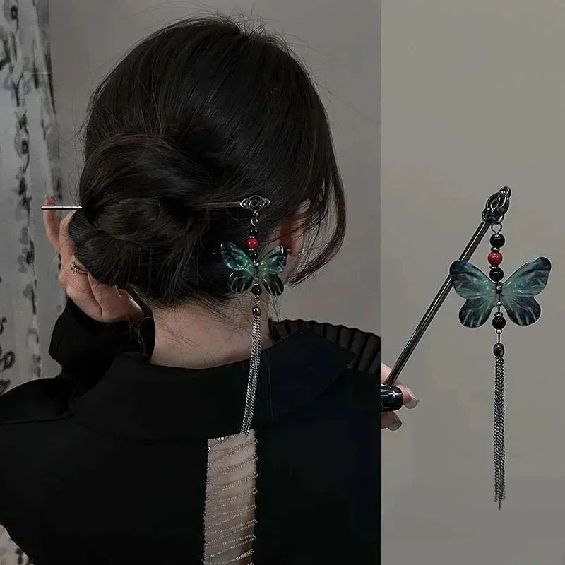 Style Butterfly Flower Tassel Hair Stick for Women
