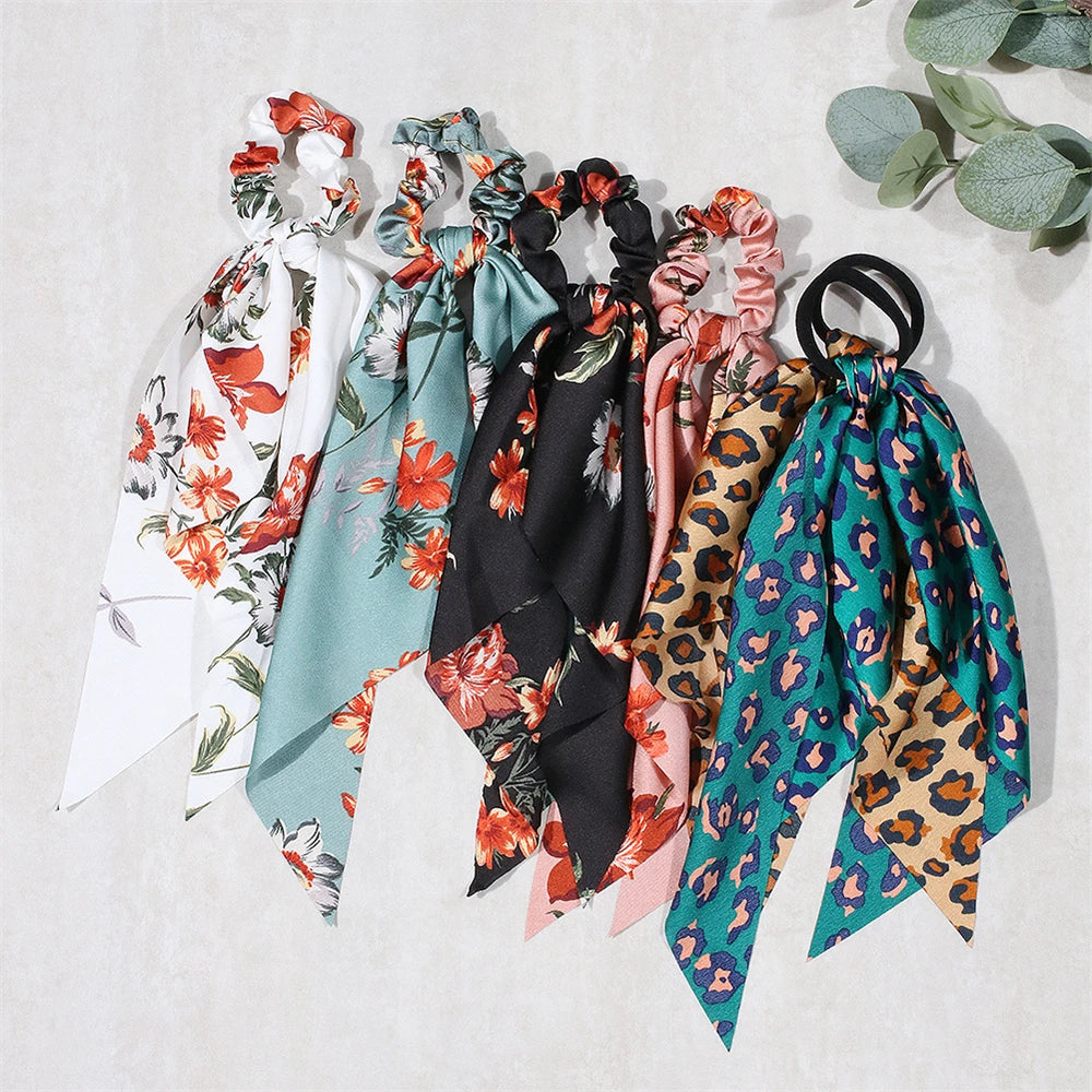 New Fashion Print Bow Scrunchies Hair Ribbon
