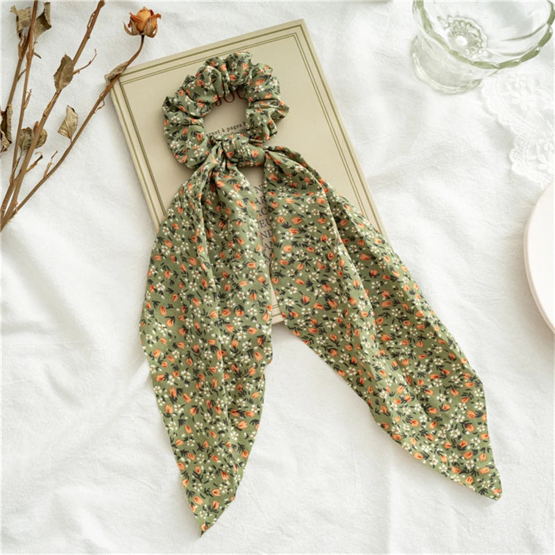 New Fashion Print Bow Scrunchies Hair Ribbon